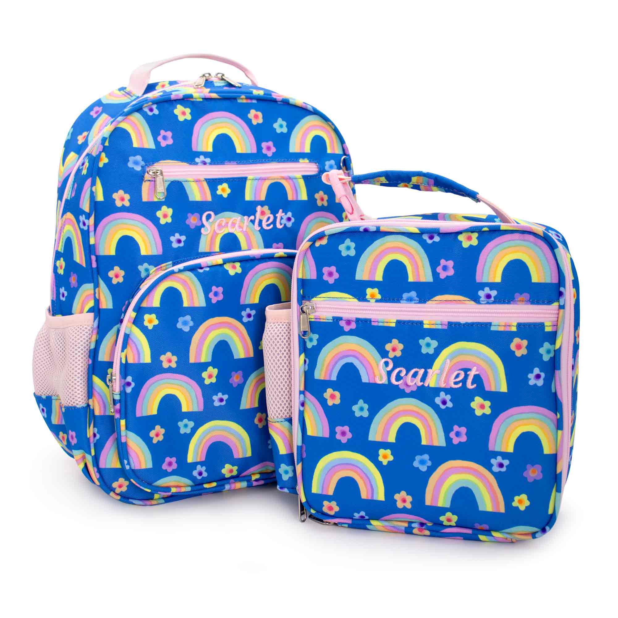 adventure backpack for kids Personalized Rainbows and Flowers Adventure Collection Backpack and Lunch Box Combo