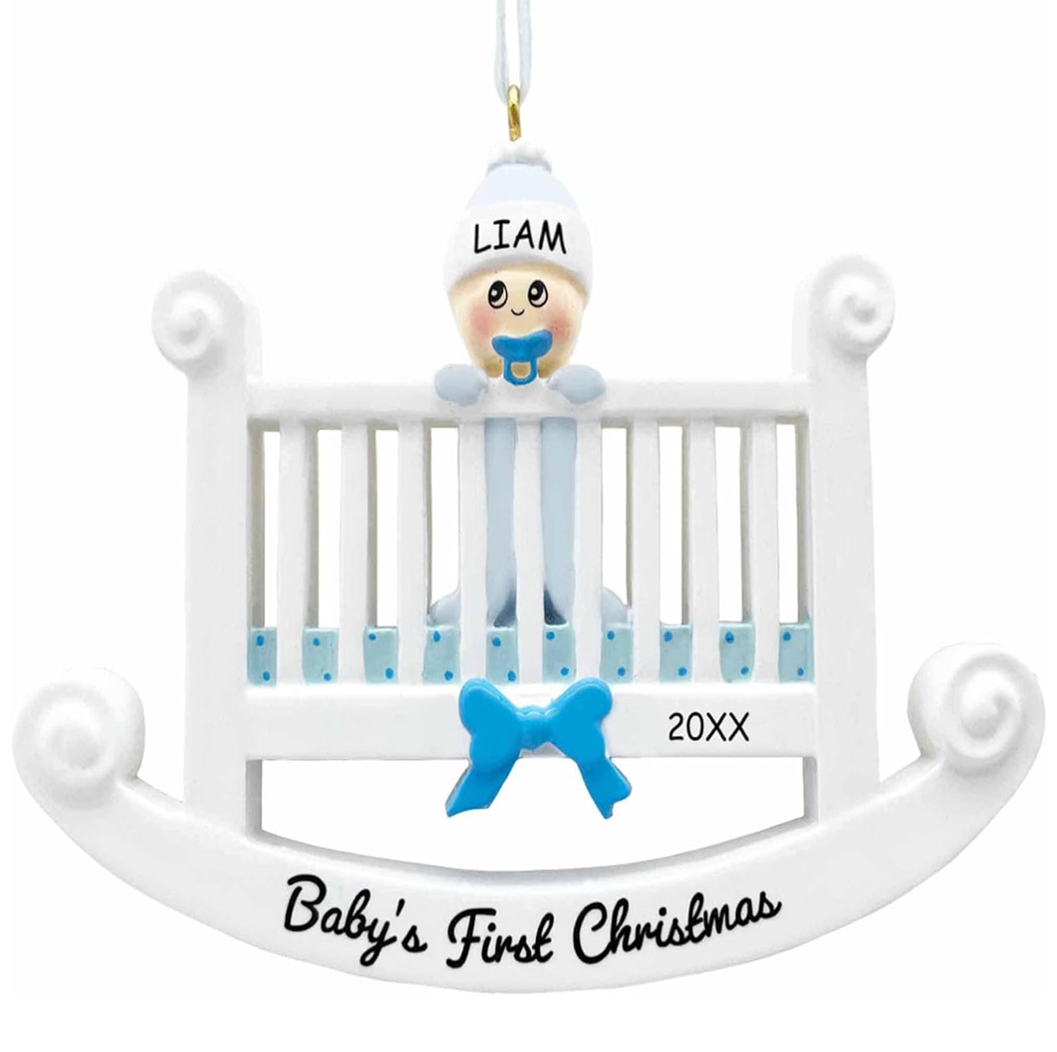Personalized Dibsies Standing Baby in a Crib First Christmas Ornament - Blue