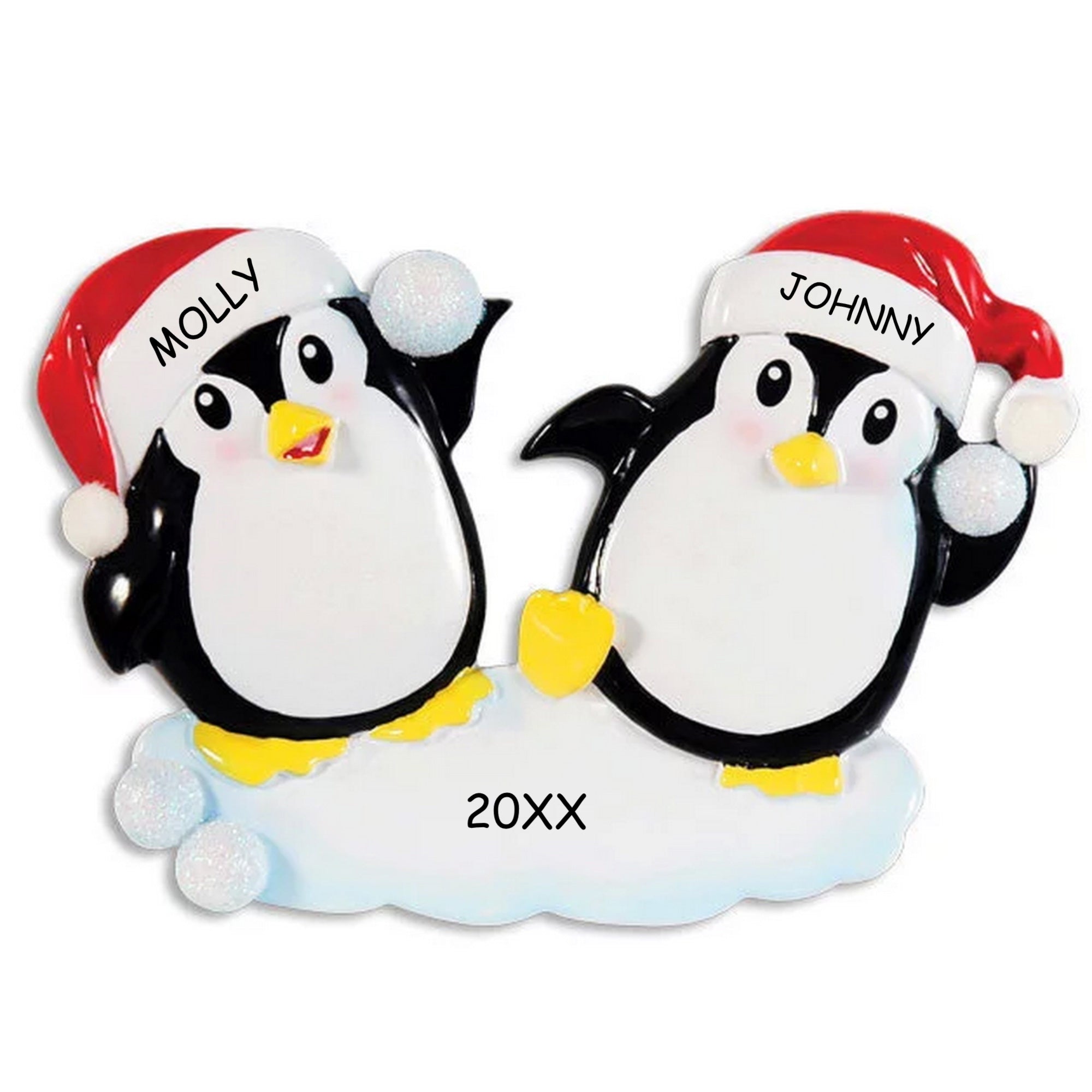Personalized Snowballs and Penguins Couples Christmas Ornament