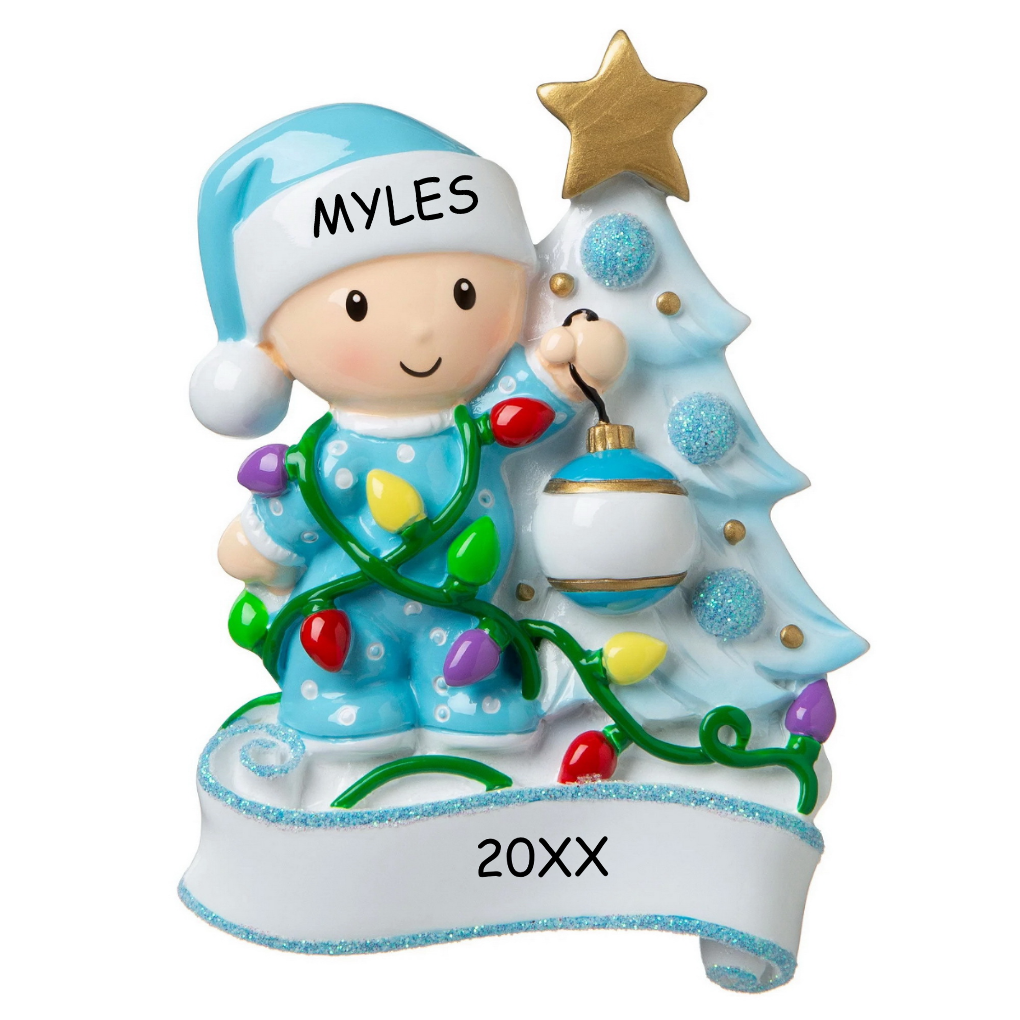 Personalized Baby Decorating Tree Christmas Ornament - Blue