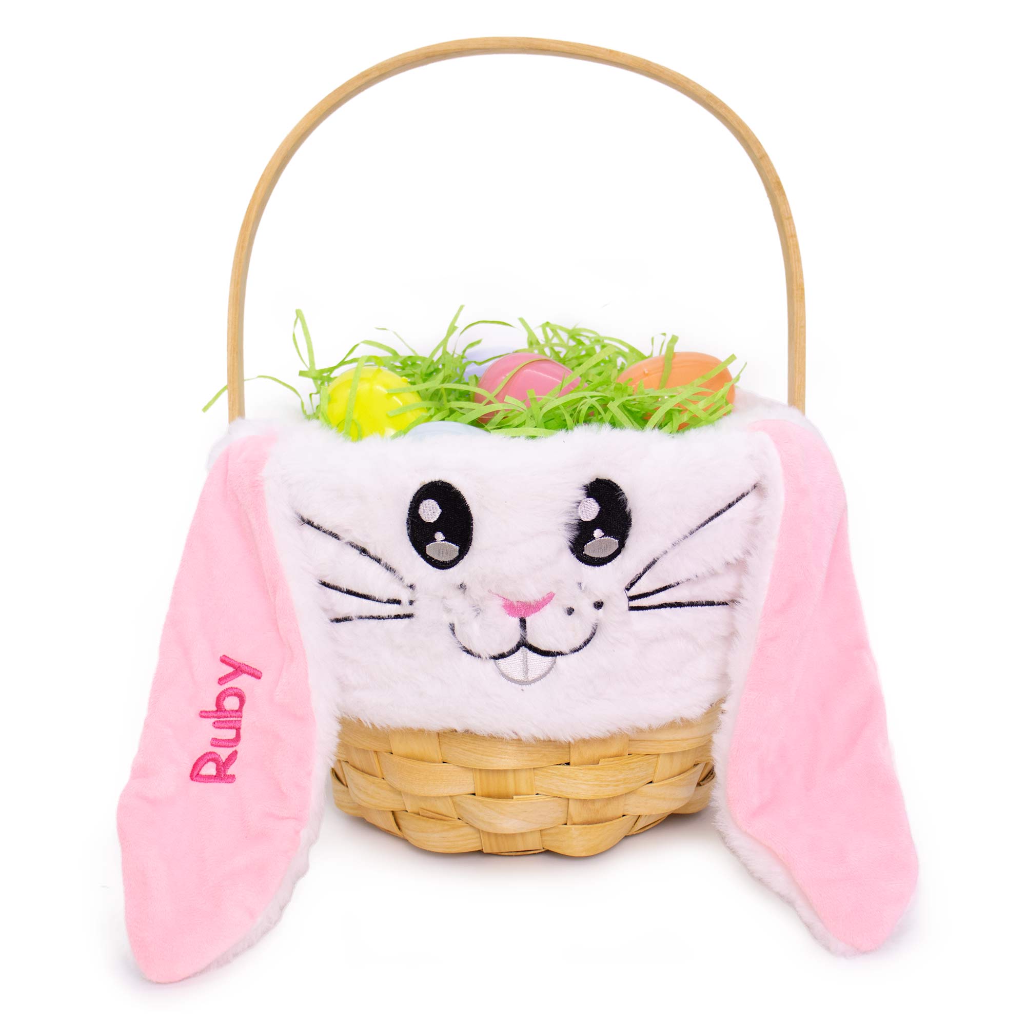 Personalized Classic Wicker Woodchip Easter Basket - Plush Pink Bunny Liner
