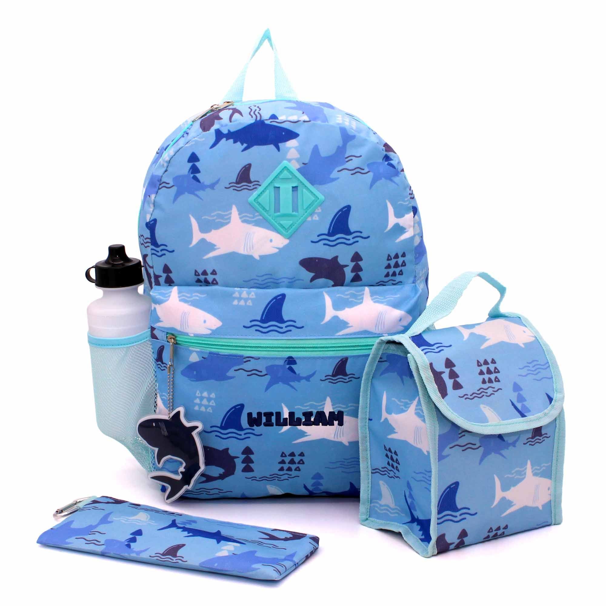Personalized Shark Backpack with bonus lunch bag, pencil case, water  bottle, keychain, and carabiner clip
