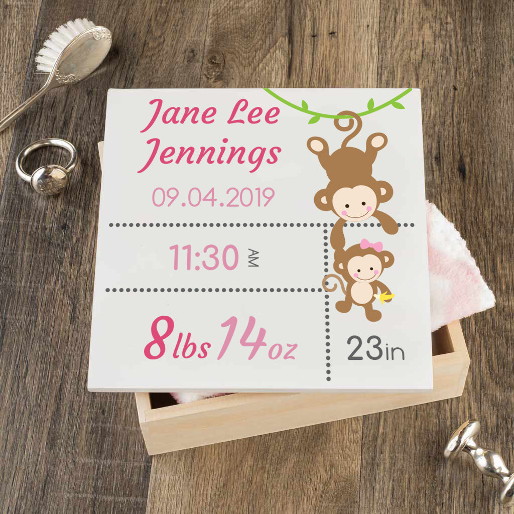 Personalized Baby Keepsake Box - Pink with Monkeys - Regular Size