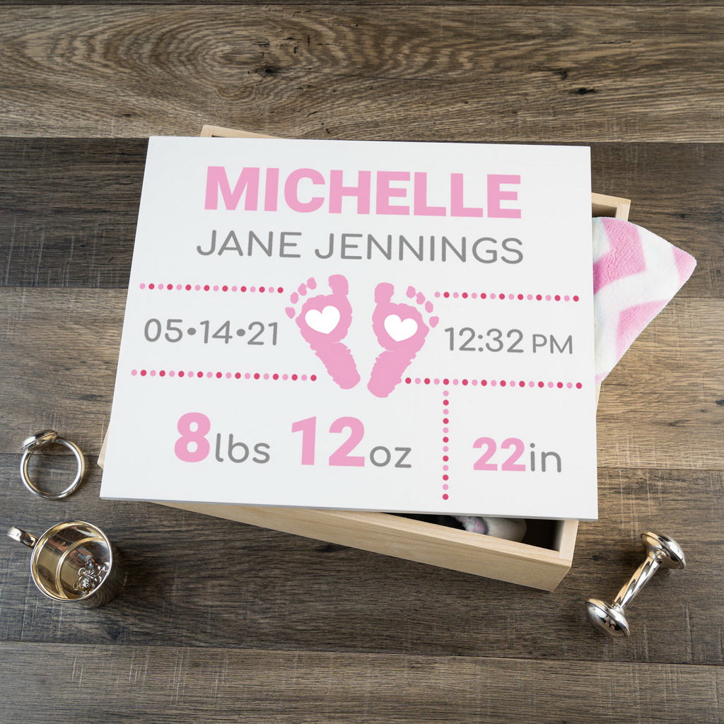 Personalized Baby Keepsake Box - Pink with Footprints - Large Size
