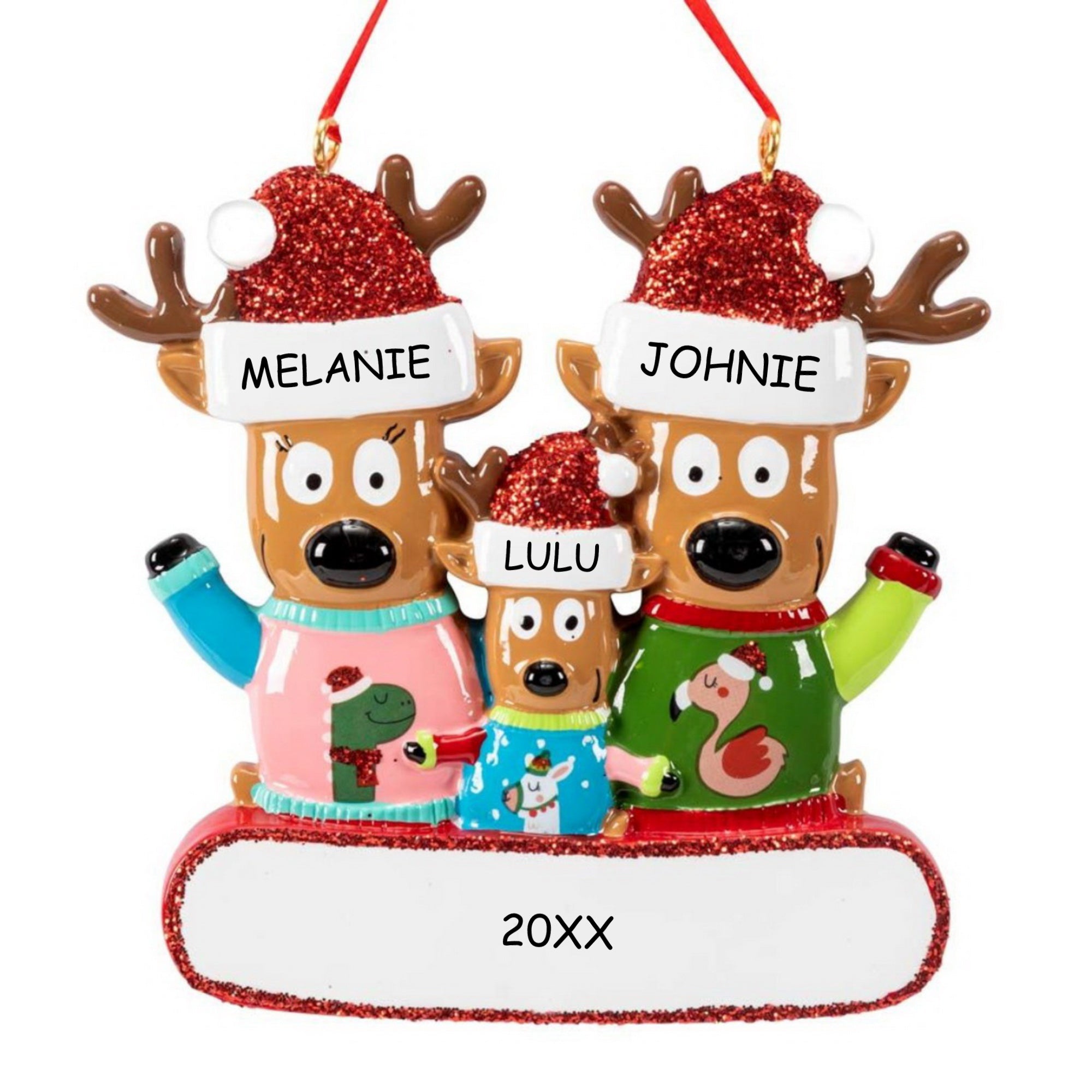 Personalized Ugly Christmas Sweater Reindeer Christmas Ornament - Family of 3