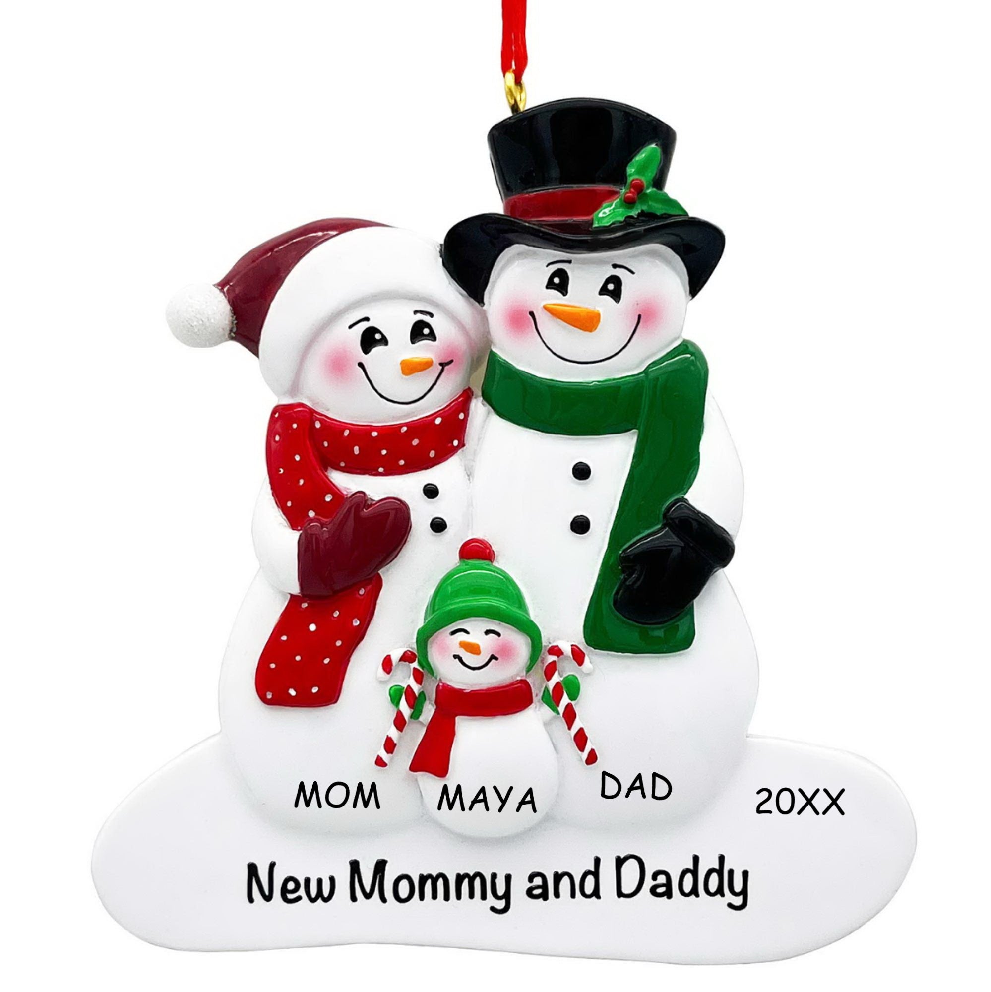 Personalized New Mommy & Daddy with Baby Snowman Ornament - Family of 3