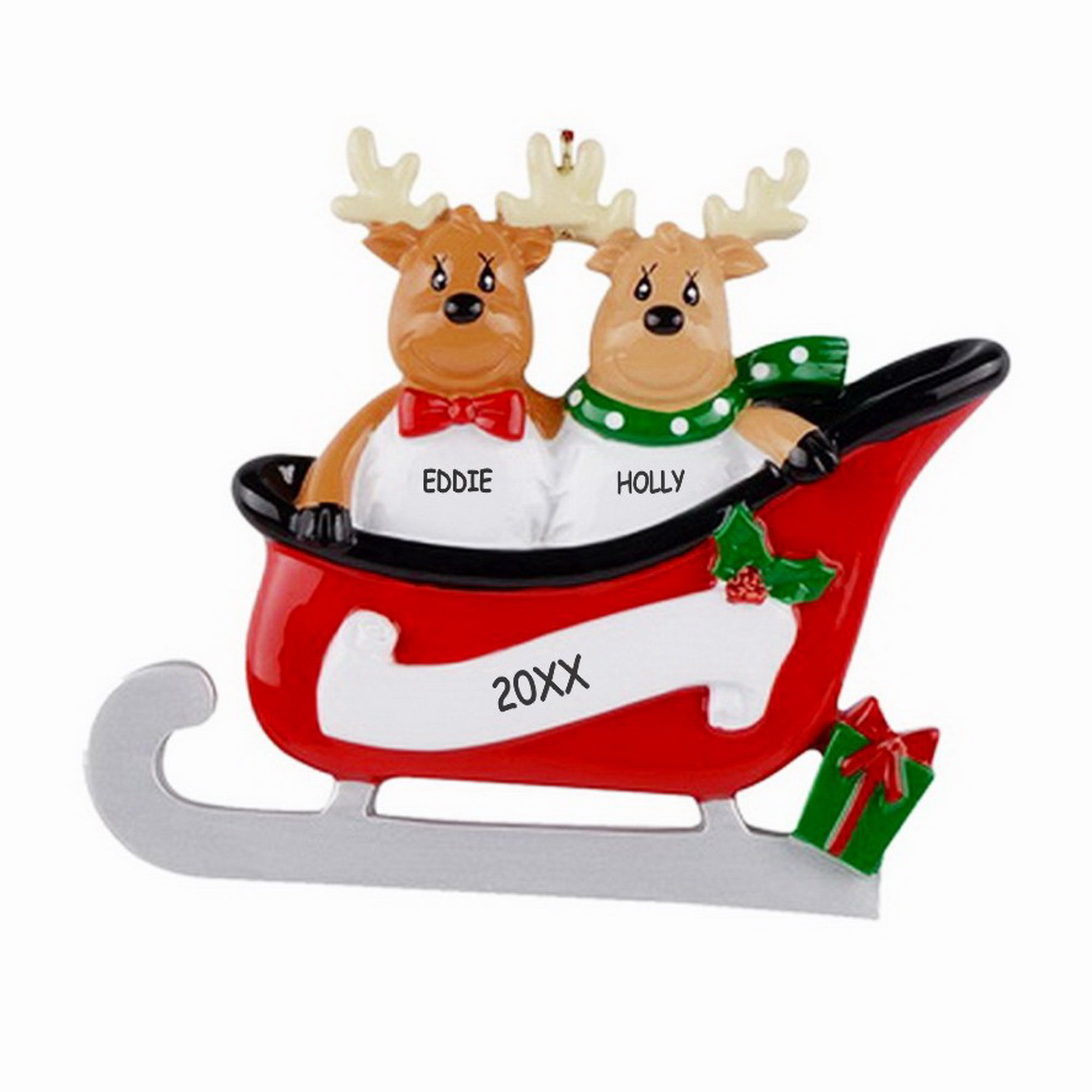 Personalized Reindeer On A Sleigh Couples Christmas Ornament