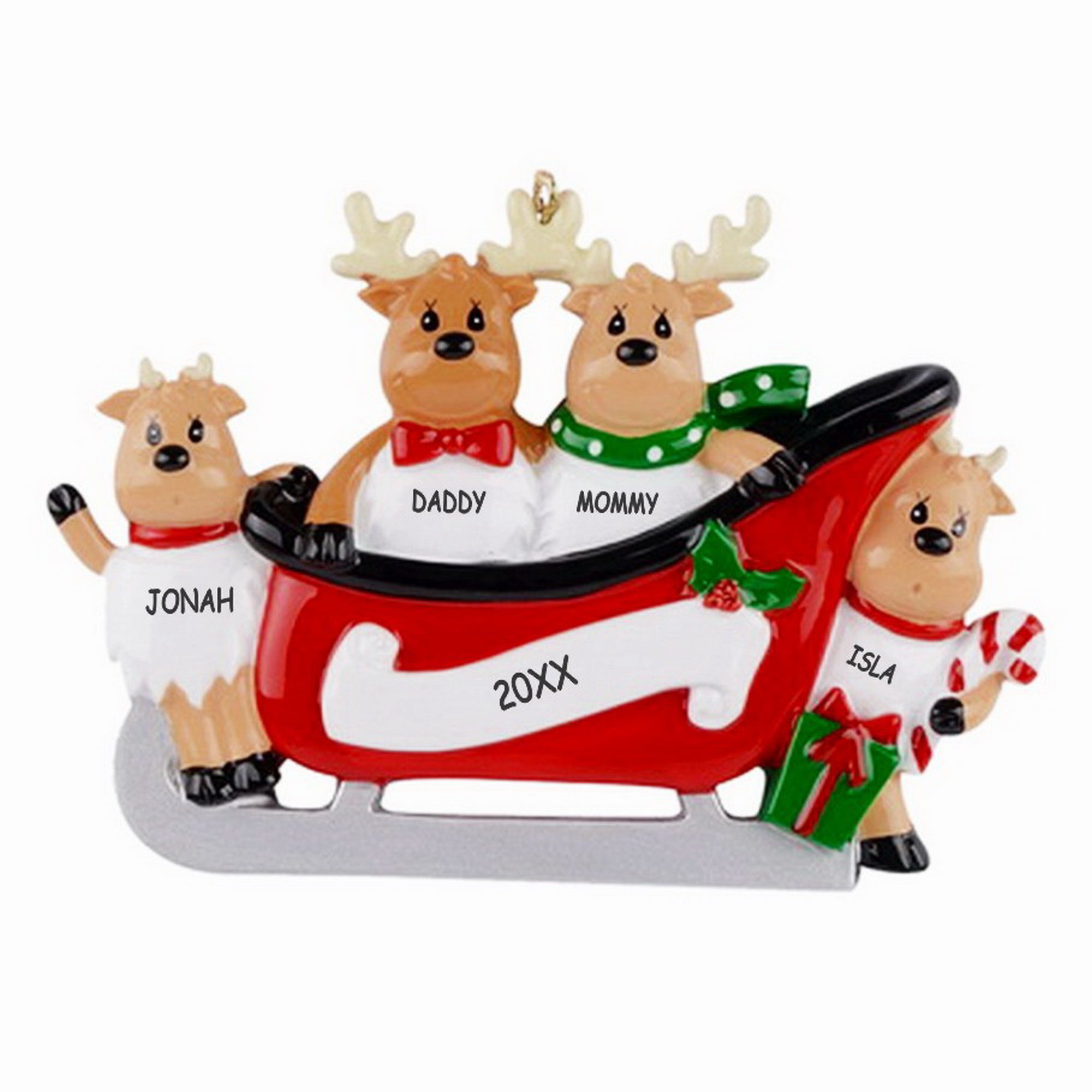Personalized Reindeers On A Sleigh Family Christmas Ornament - Family of 4