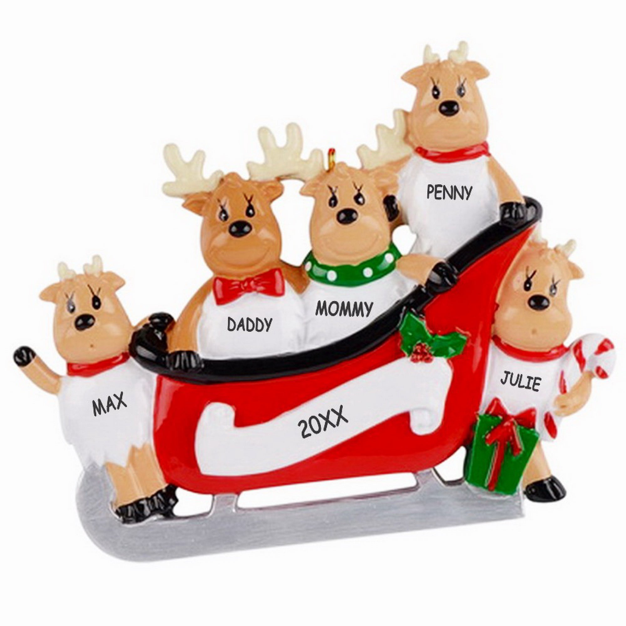 Personalized Reindeers On A Sleigh Family Christmas Ornament - Family of 5