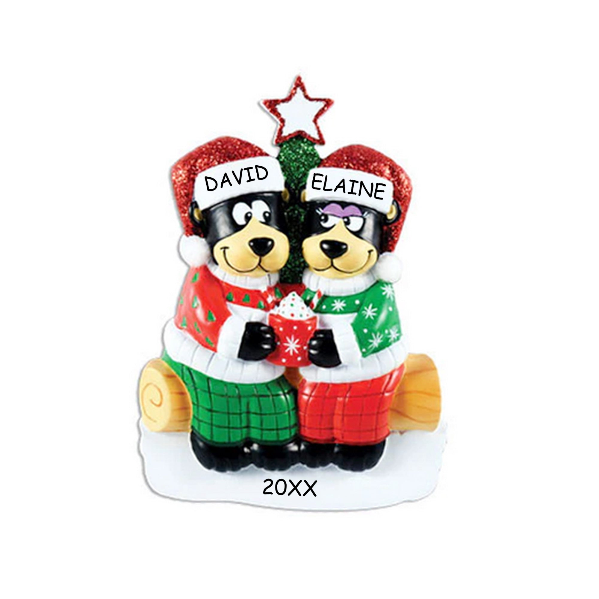 Personalized Black Bear with Hot Chocolate Couples Christmas Ornament