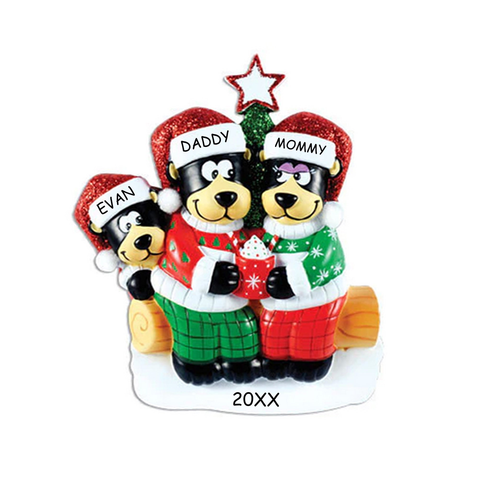 Personalized Black Bear with Hot Chocolate Christmas Ornament - Family of 3