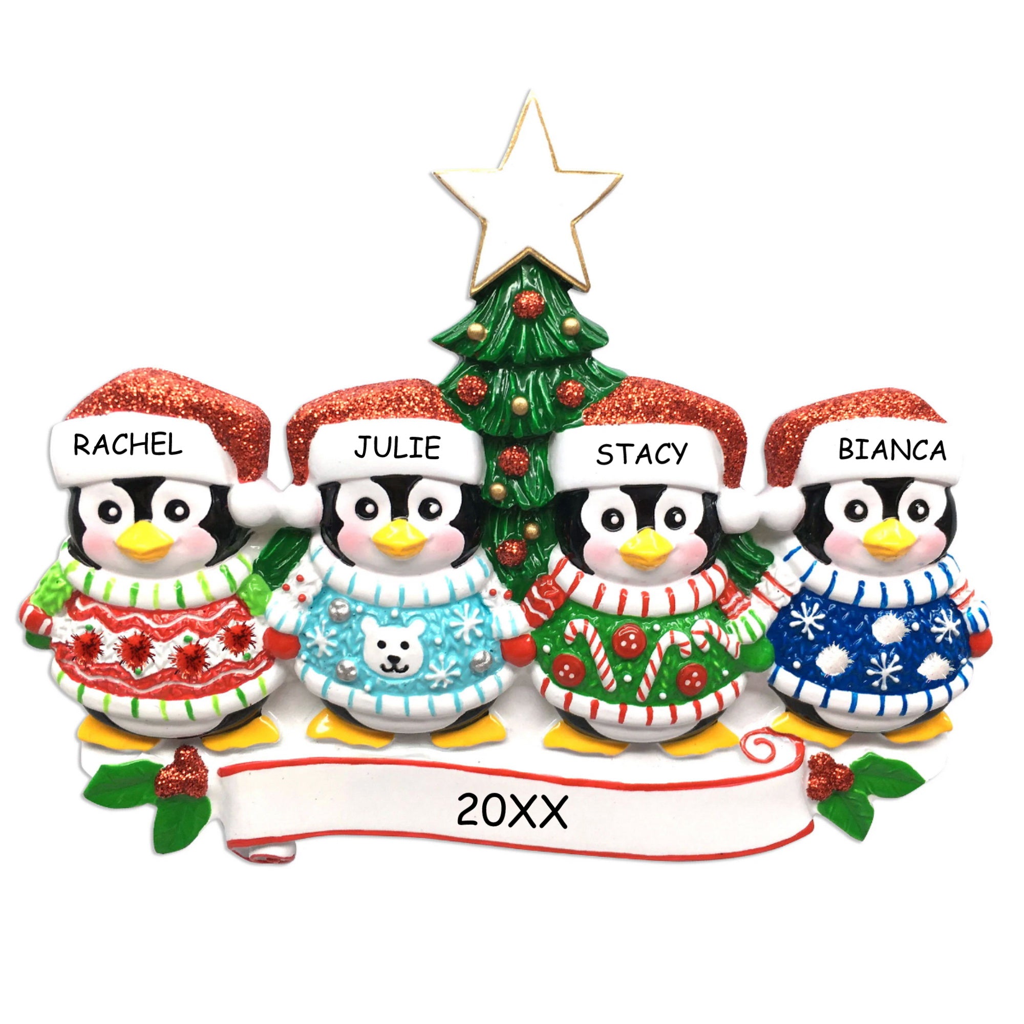 Personalized Penguin Ugly Sweater Christmas Ornament - Family of 4