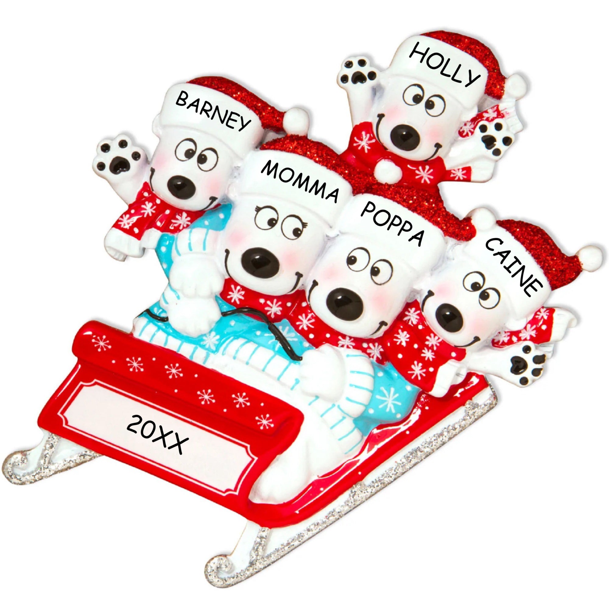 Personalized Bears on Sled Christmas Ornament - Family of 5