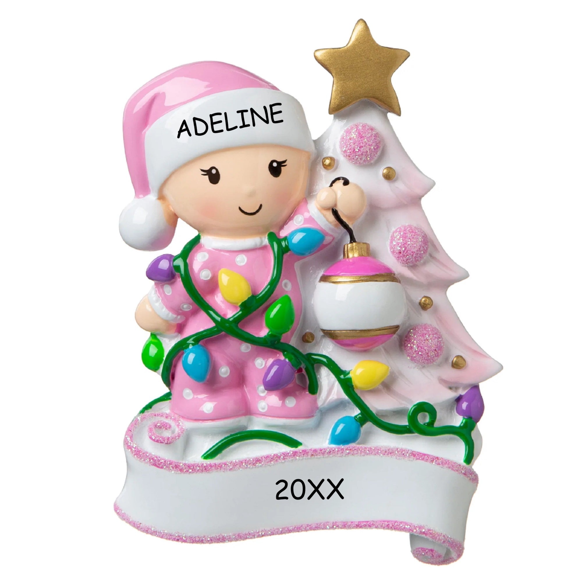 Personalized Baby Decorating Tree Christmas Ornament - Pink