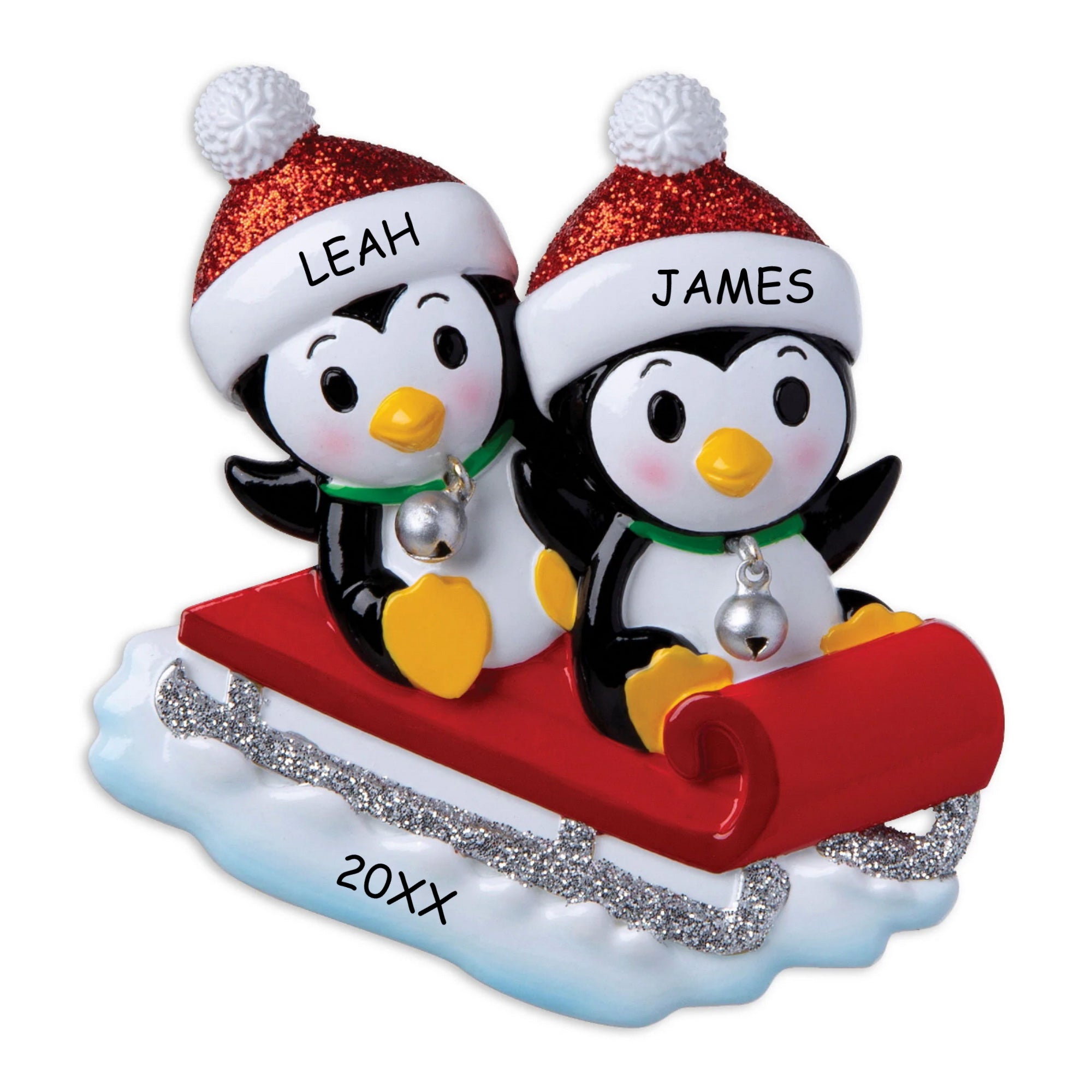 Personalized Penguins On A Sled Couples Christmas Ornament
