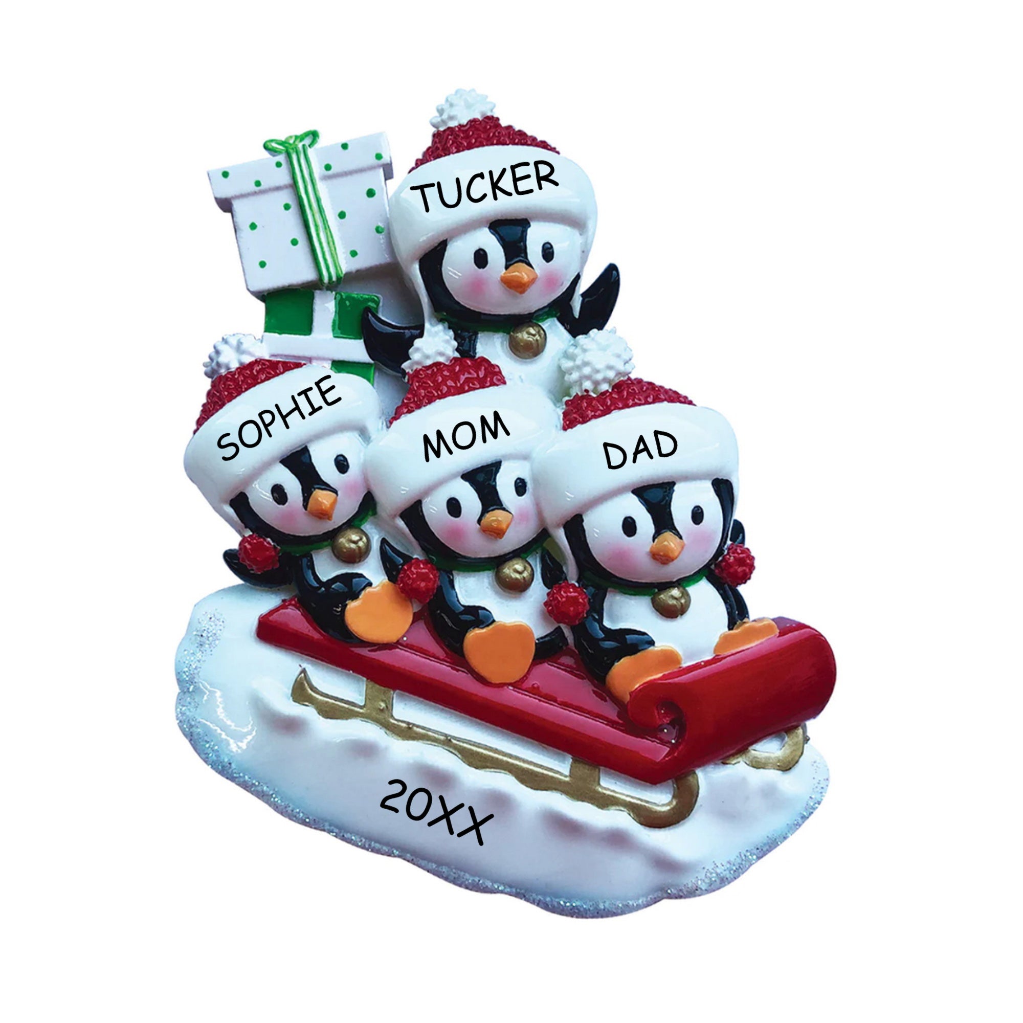 Personalized Penguins On A Sled Christmas Ornament - Family of 4