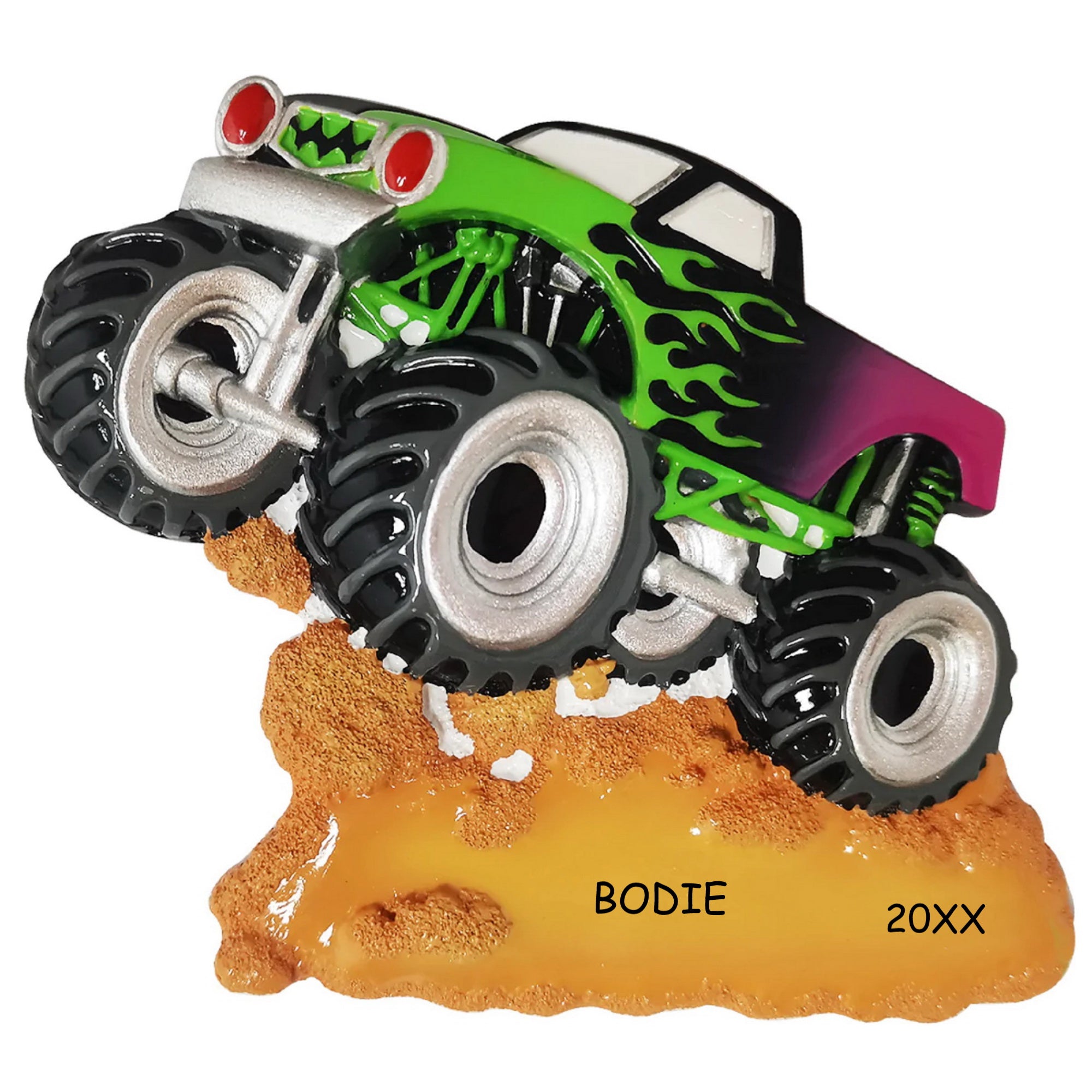 Personalized Green Monster Truck Kids Christmas Ornament