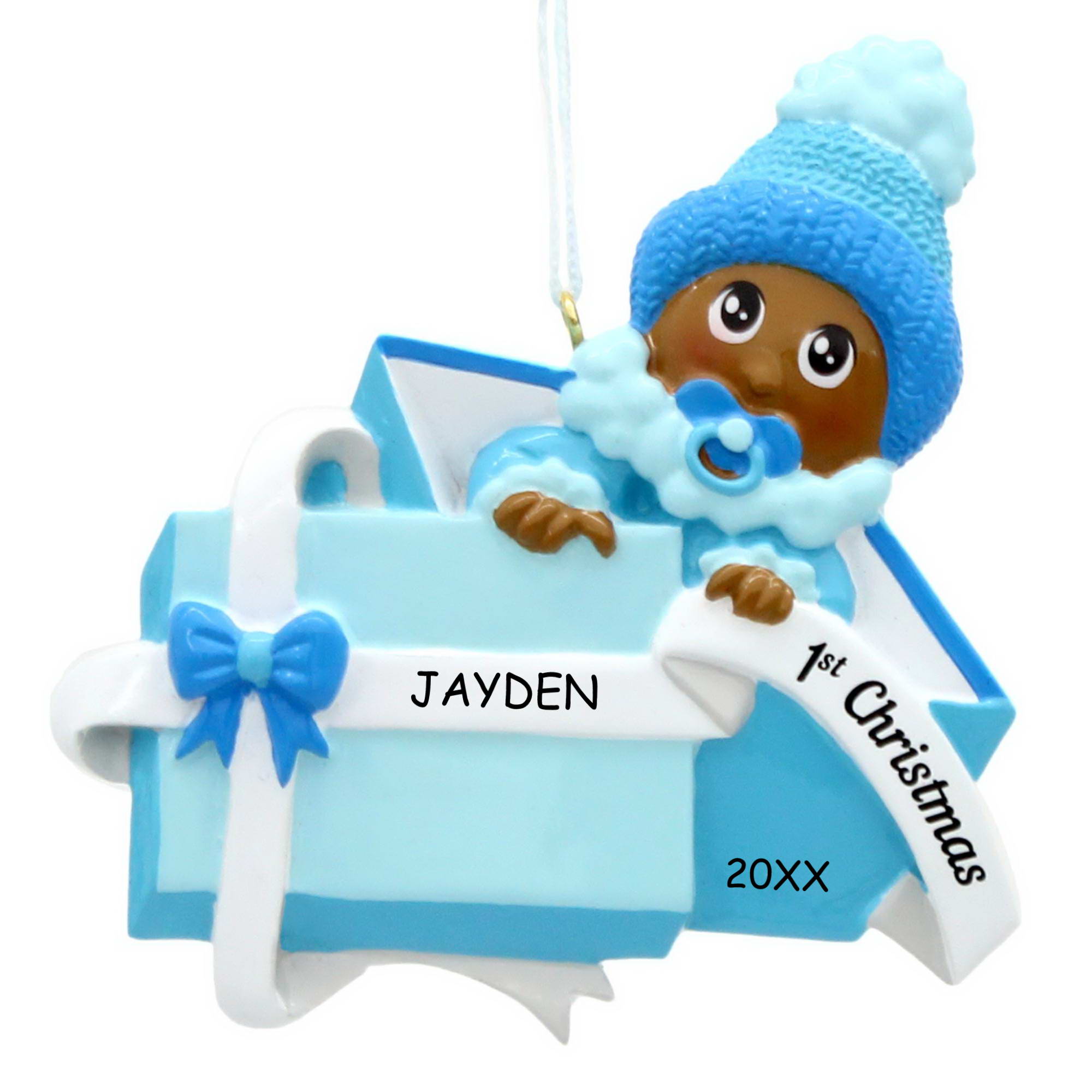 Personalized Baby Boy in a Present First Christmas Ornament - Dark Skin Tone