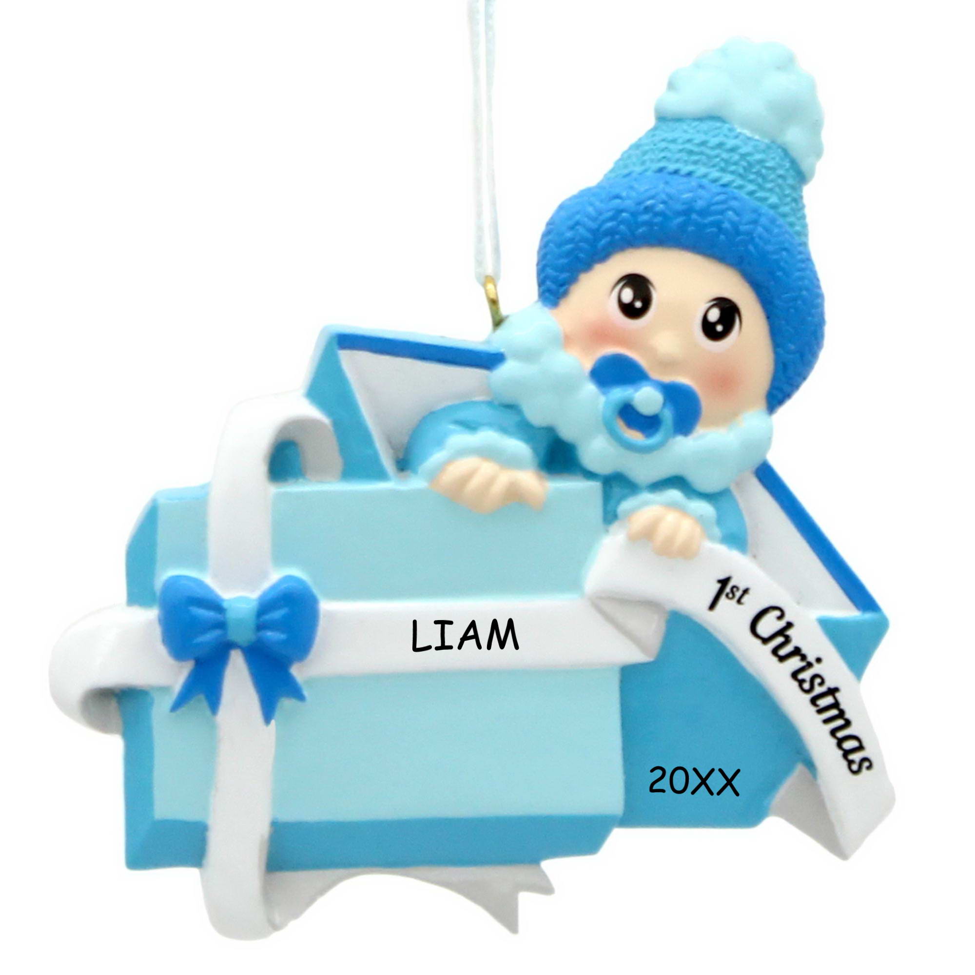 Personalized Baby Boy in a Present First Christmas Ornament - Light Skin Tone