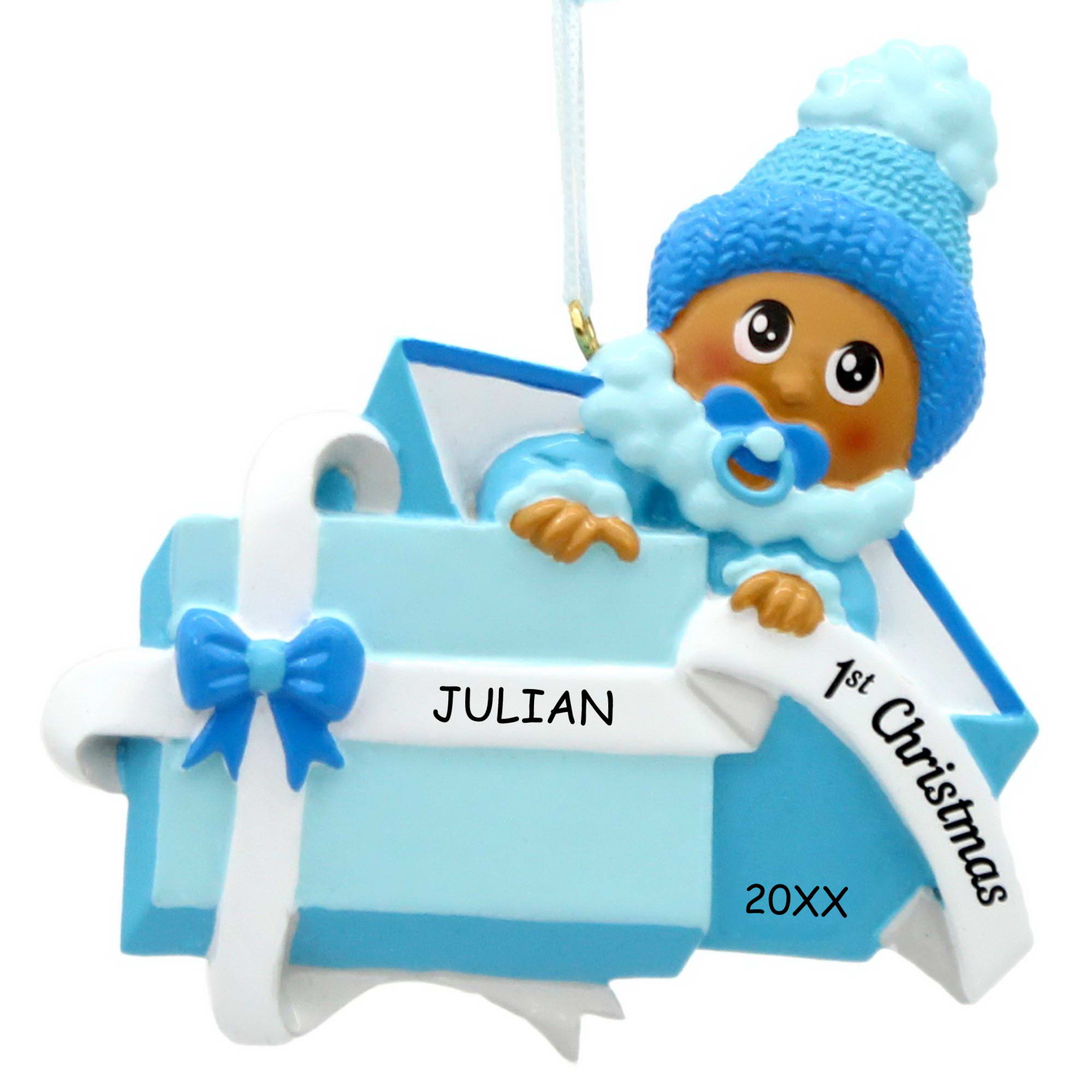 Personalized Baby Boy in a Present First Christmas Ornament - Medium Skin Tone