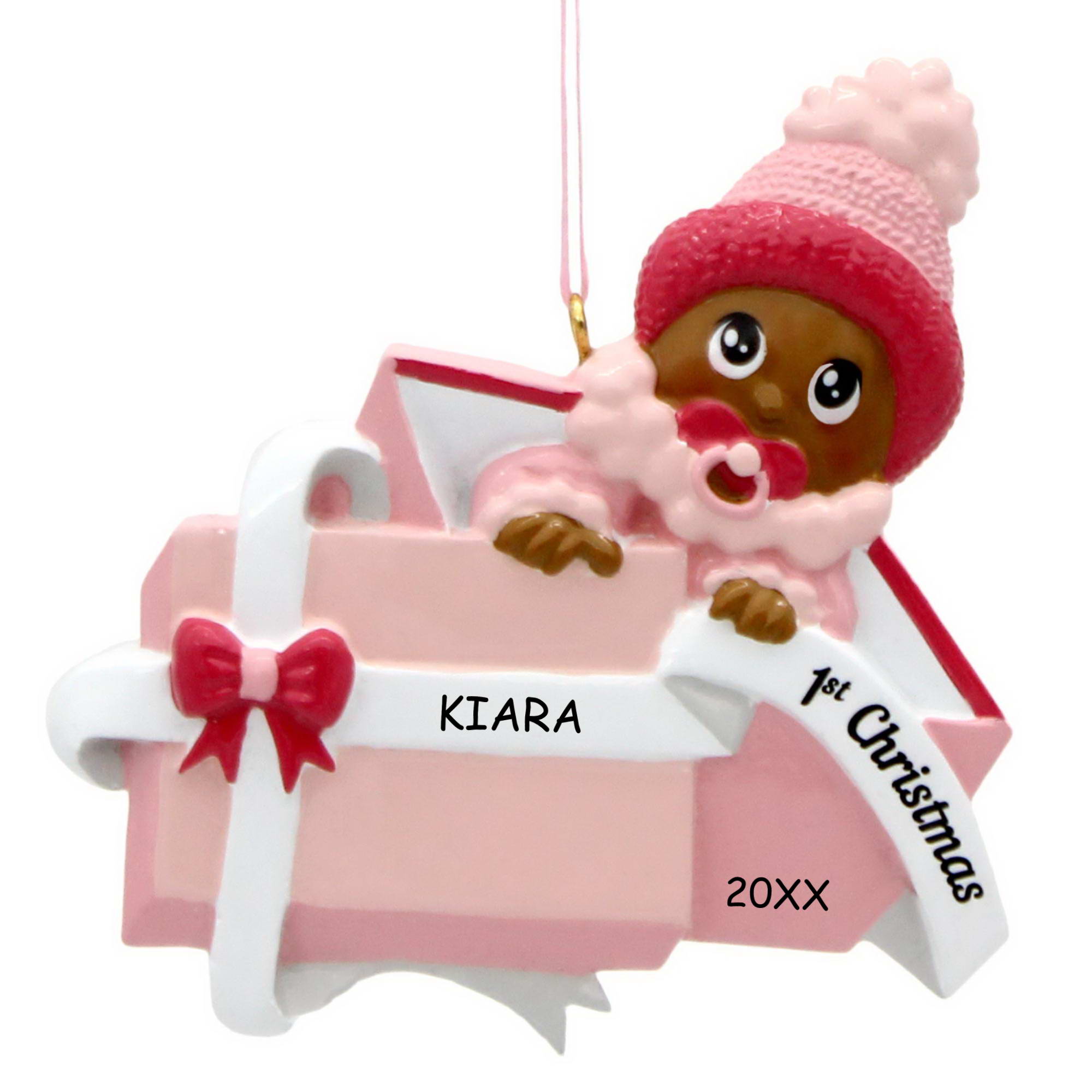 Personalized Baby Girl in Present First Christmas Ornament - Dark Skin Tone