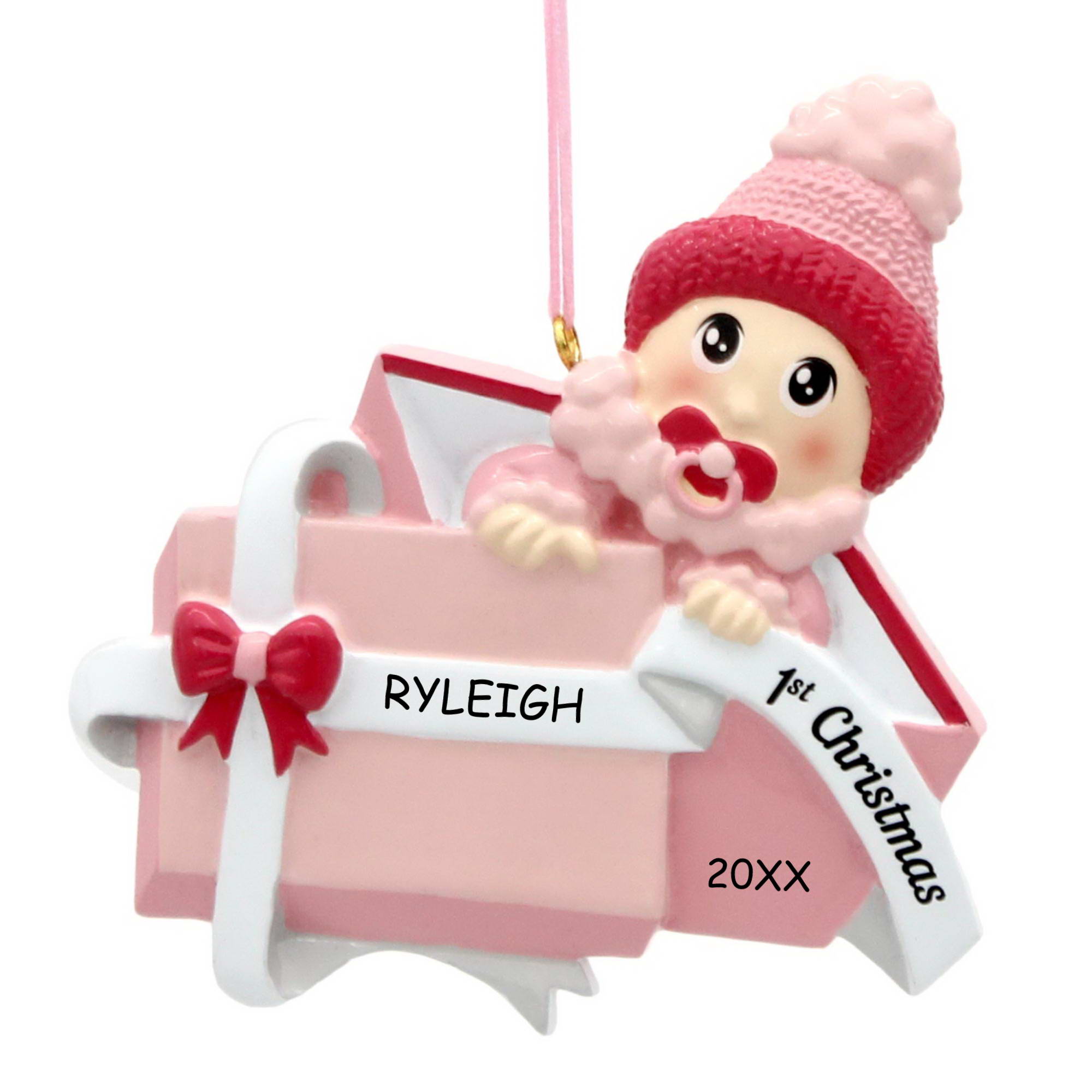 Personalized Baby Girl in Present First Christmas Ornament - Light Skin Tone