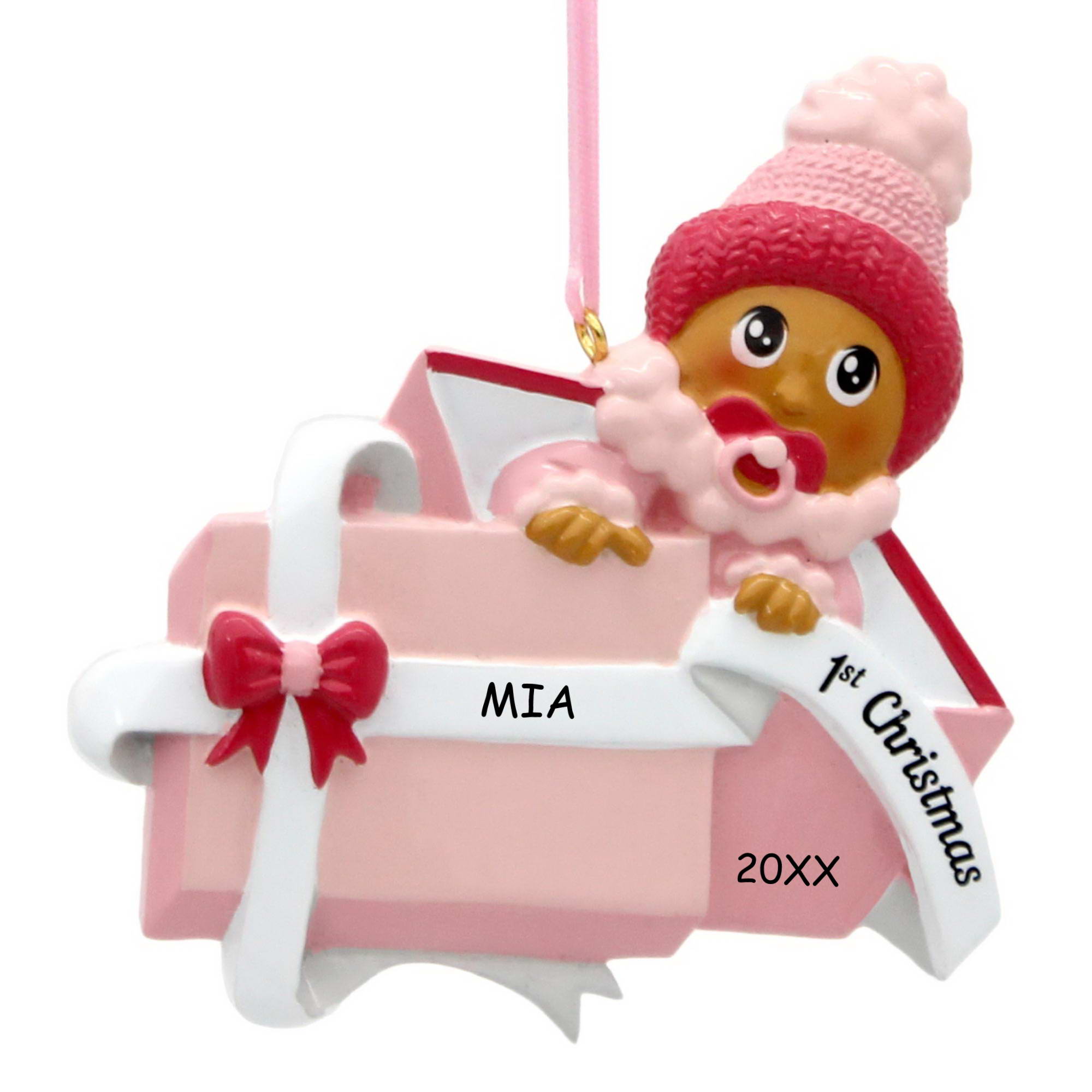 Personalized Baby Girl in Present First Christmas Ornament - Medium Skin Tone