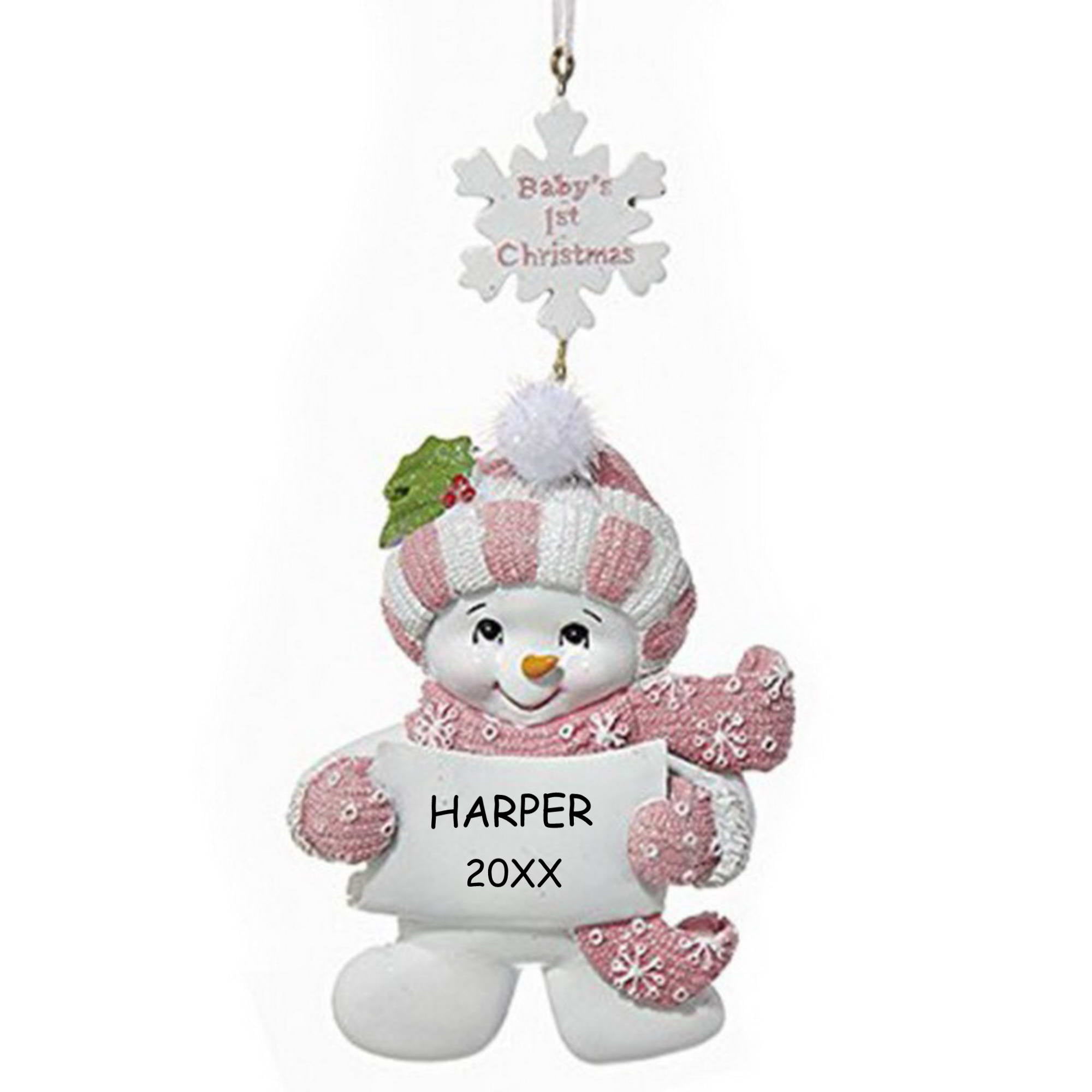 Personalized Baby's 1st Christmas Snowman Ornament - Pink
