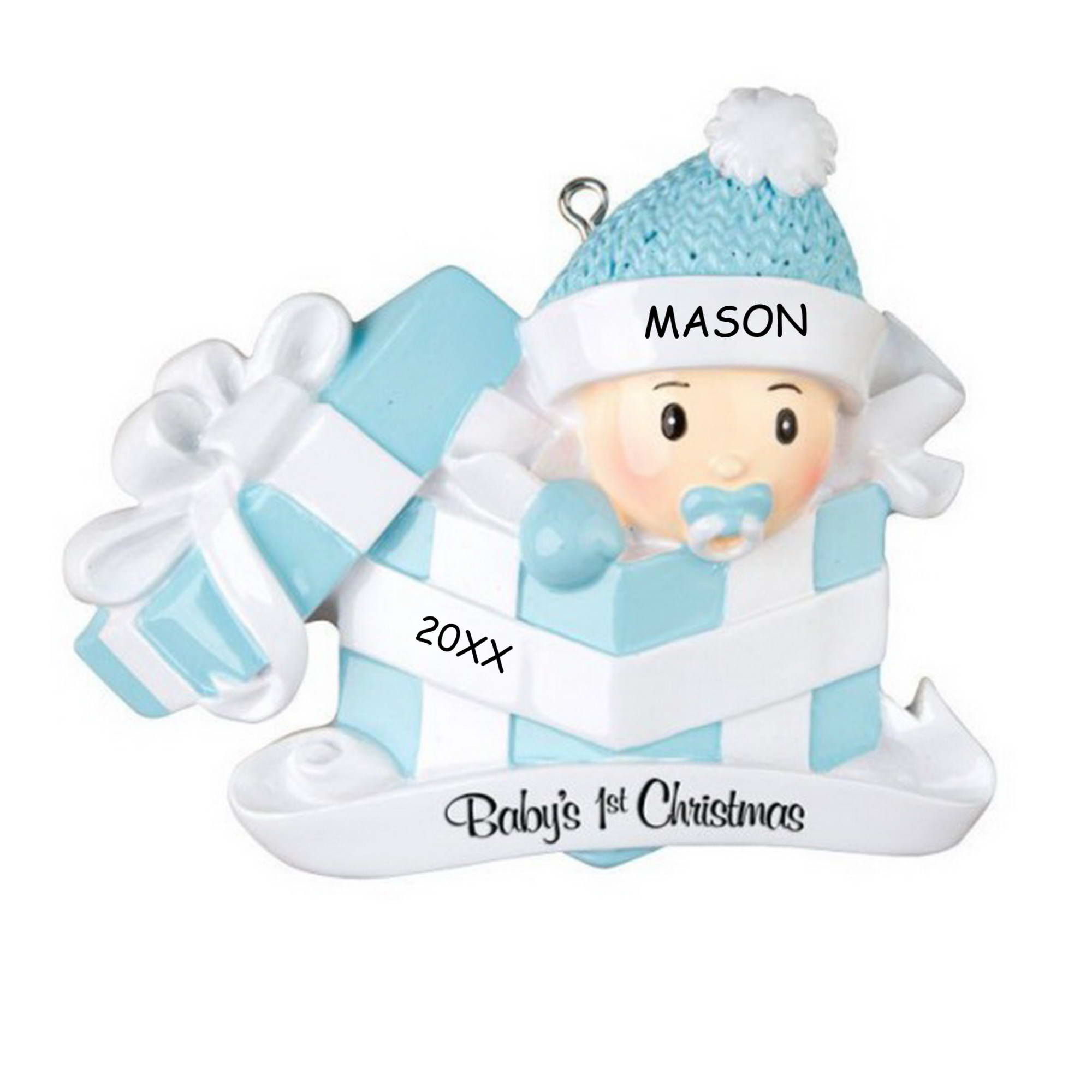 Personalized Baby in Present First Christmas Ornament - Blue