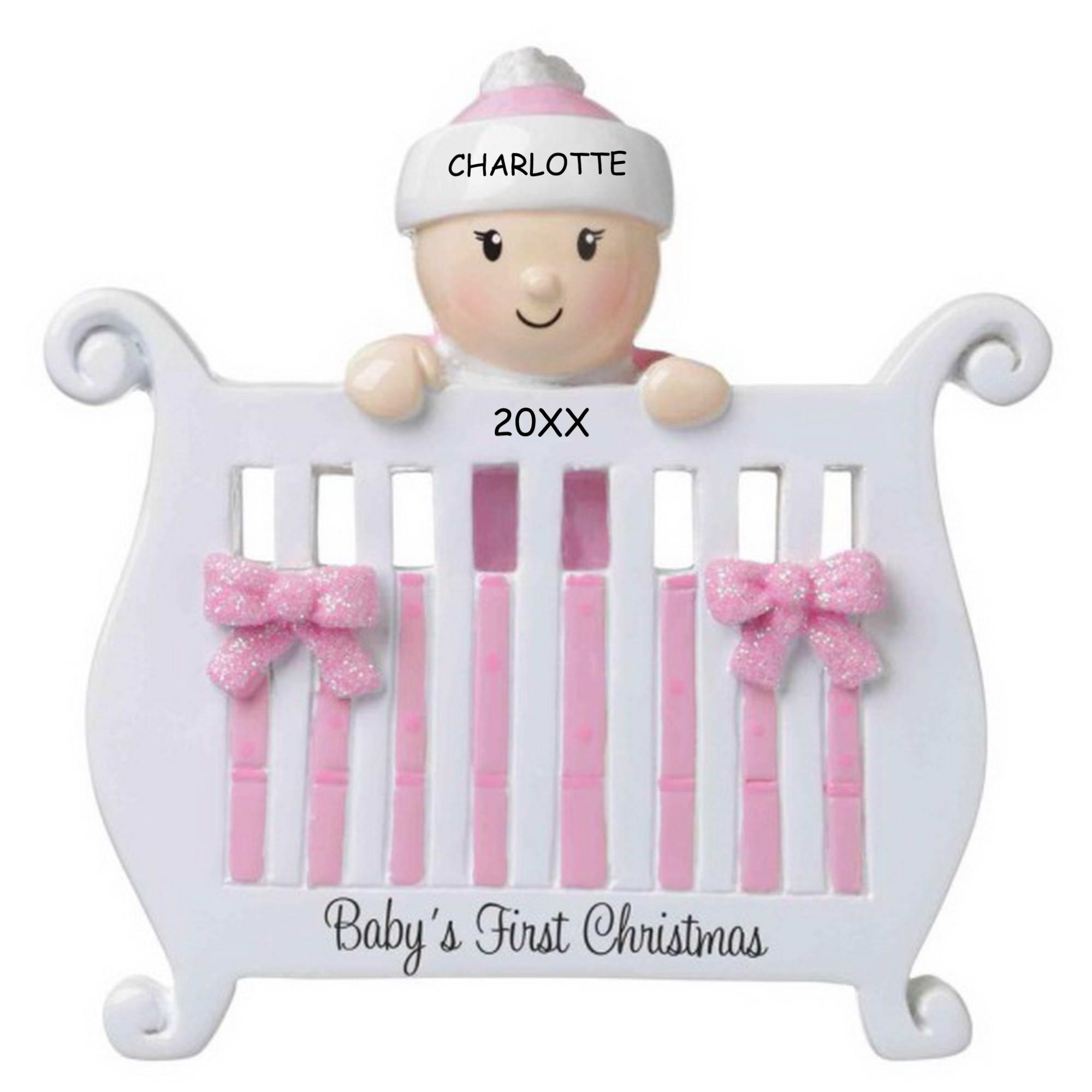 Personalized Baby in a Crib First Christmas Ornament - Pink
