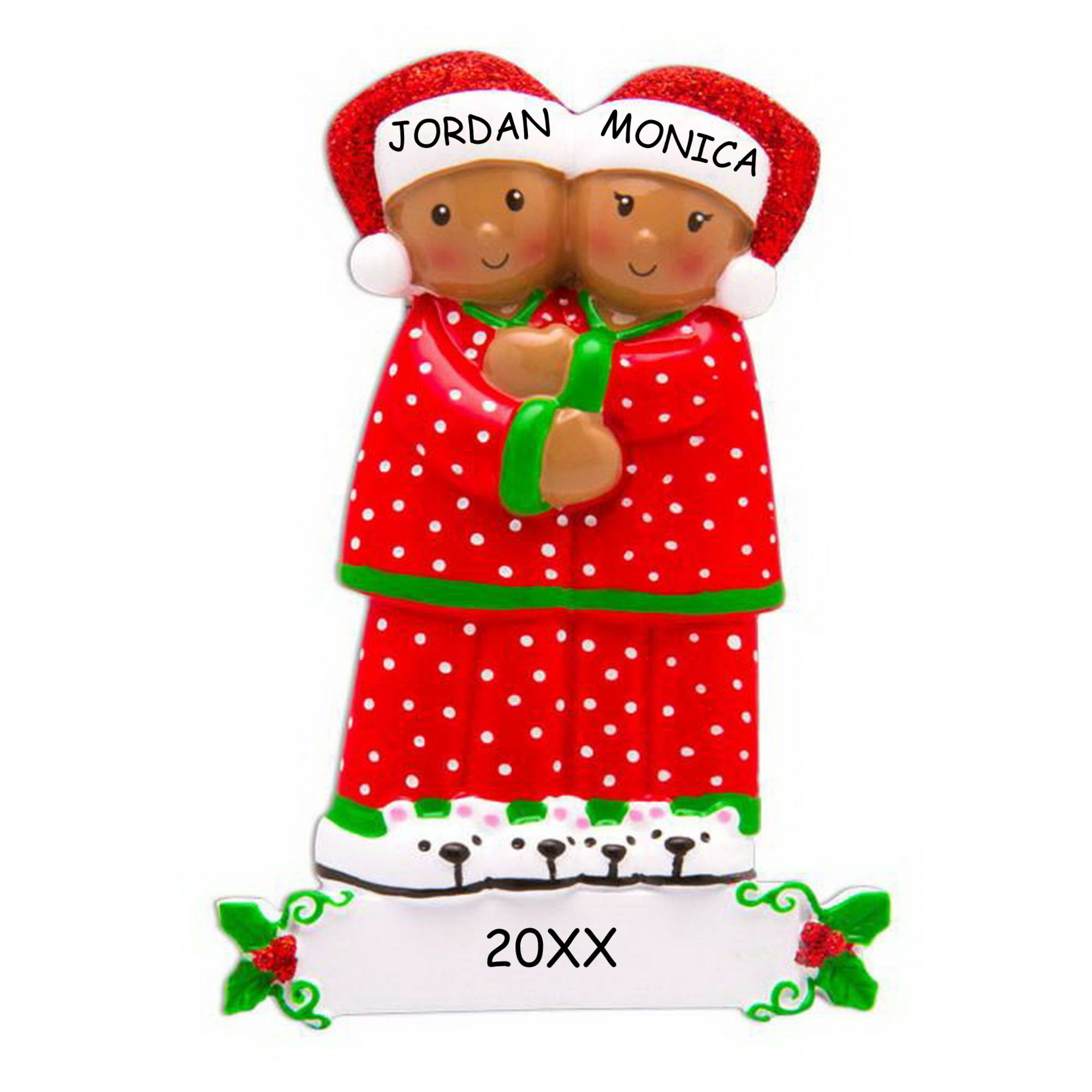 Personalized Cozy Pajamas Couples Christmas Ornament - Dark Skin Tone