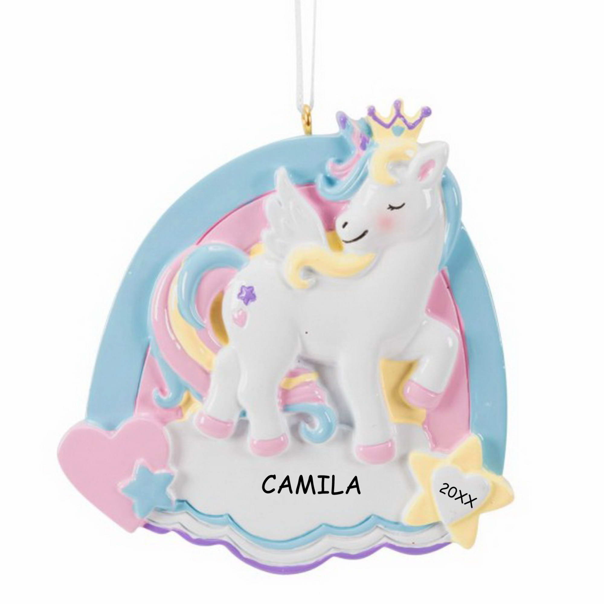 Personalized Hearts and Stars Unicorn Christmas Ornament