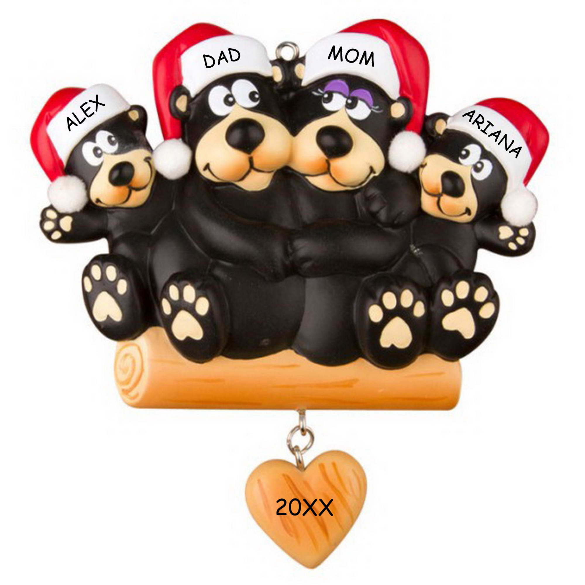 Personalized Huggable Black Bear Family Christmas Ornament - Family of 4