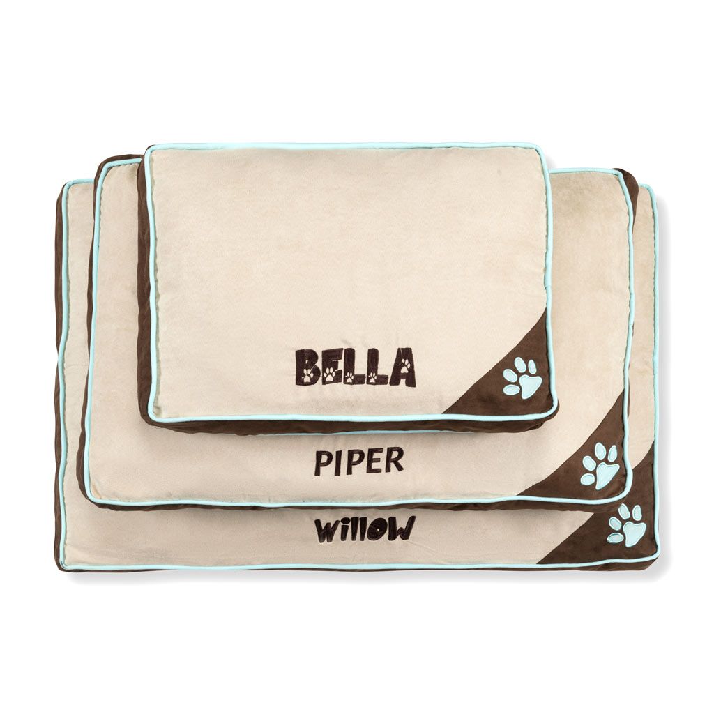 Personalized Pet Bed - Tan & Brown with Seafoam Piping