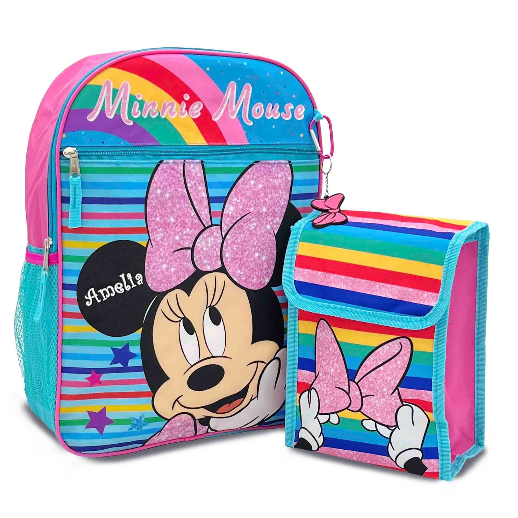 Personalized Minnie Mouse 16" Backpack with Lunch Bag, Caribiner Clip, and Keychain