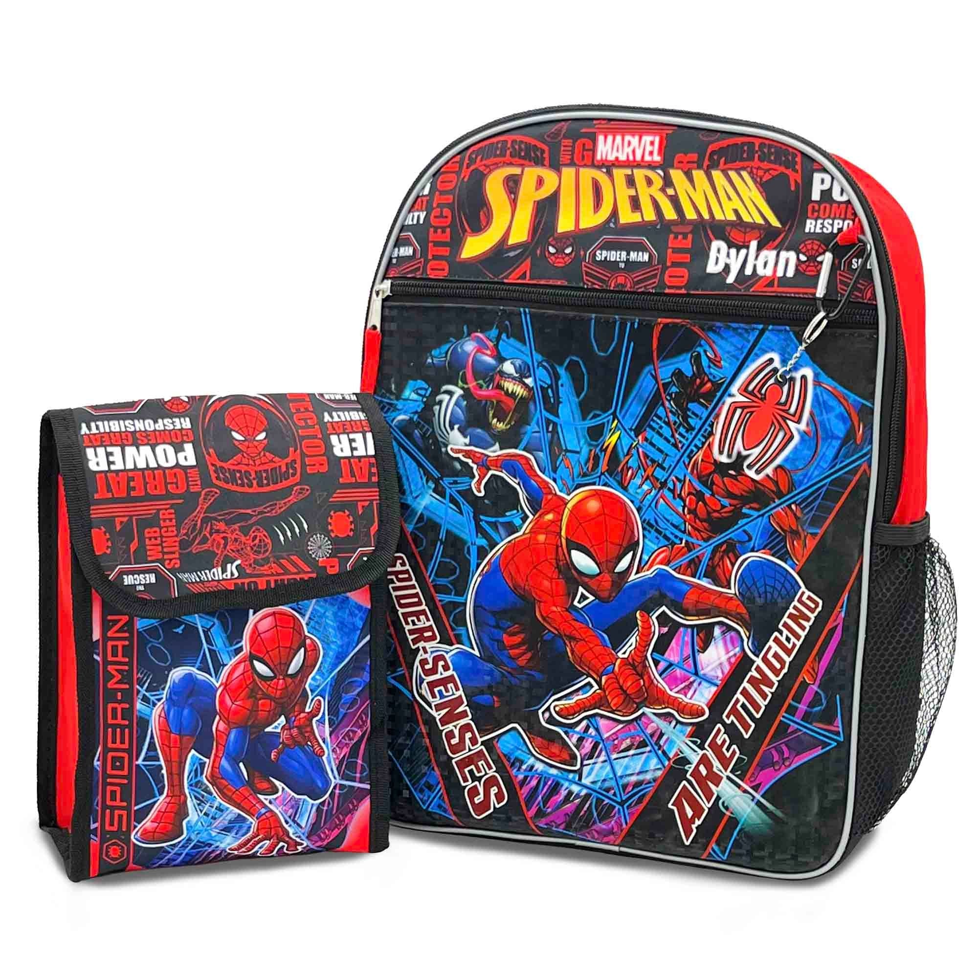 Personalized Spider Superhero Backpack, Lunch Bag, Carabiner Clip, and Character Keychain
