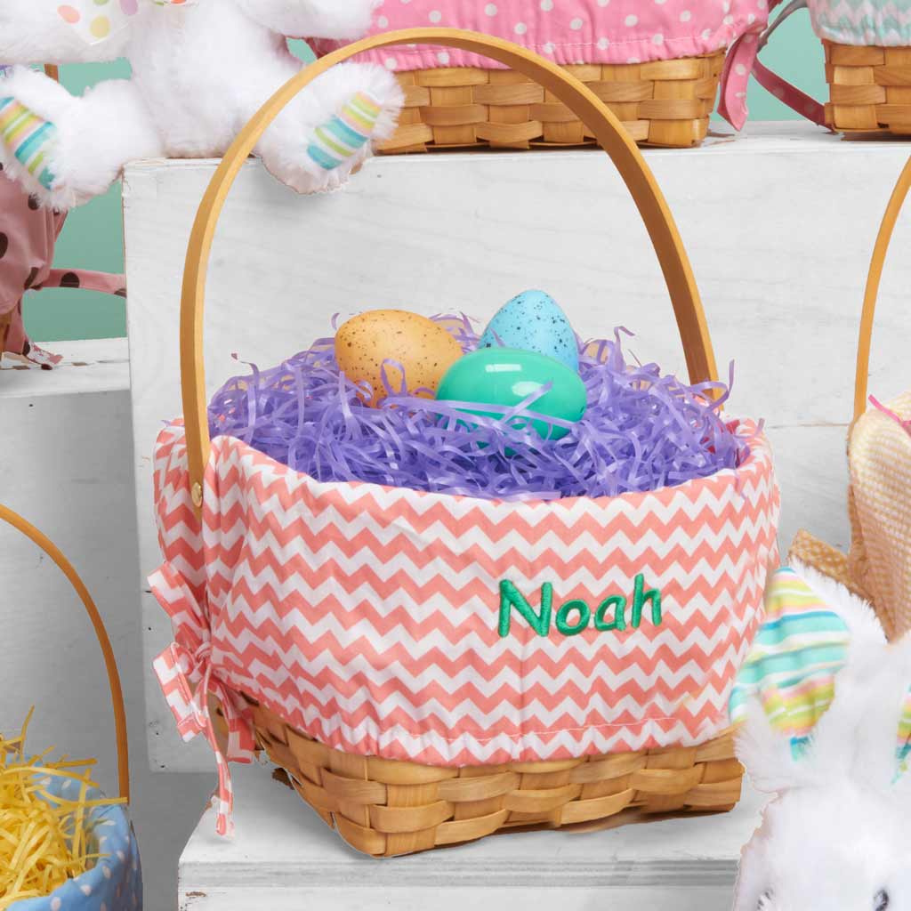 Personalized Woodchip Easter Basket with Custom Designed Liners  - Coral Chevron