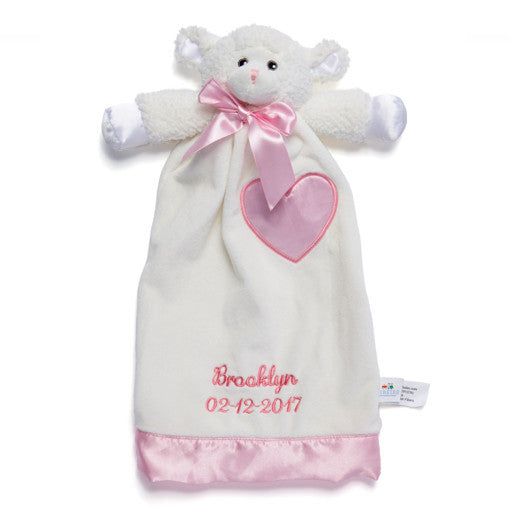 Personalized Baptism Gift - Lovable Lamb Security Blanket - 15 inch - Pink Embroidery